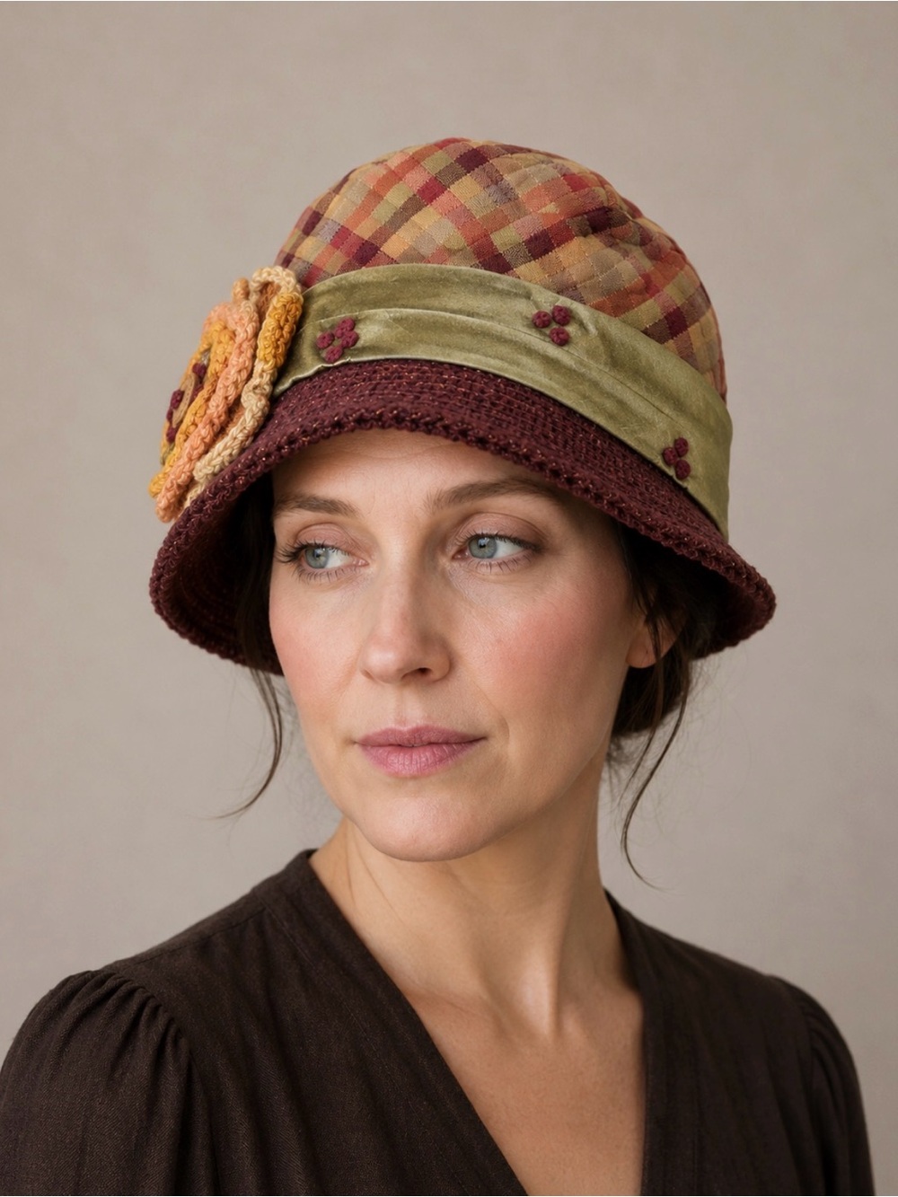 Vintage-Inspired Plaid Cloche Hat with Olive Band and Maroon Brim